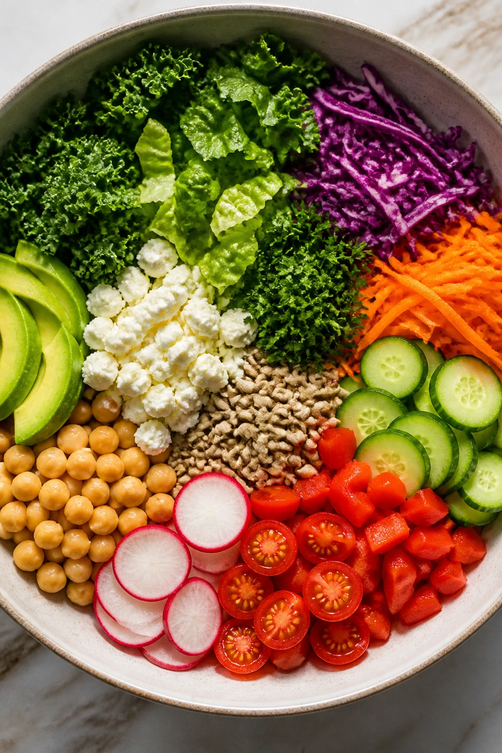 Top-down view of a colorful bowl with greens, vegetables, chickpeas, avocado, feta, and seeds.