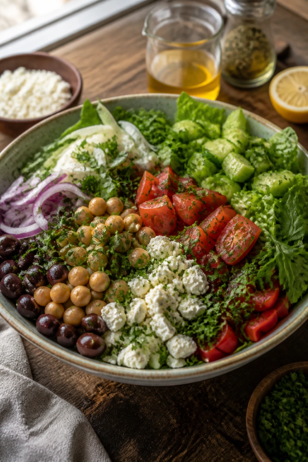 Bowl of assembled salad ingredients including greens, vegetables, chickpeas, olives, feta