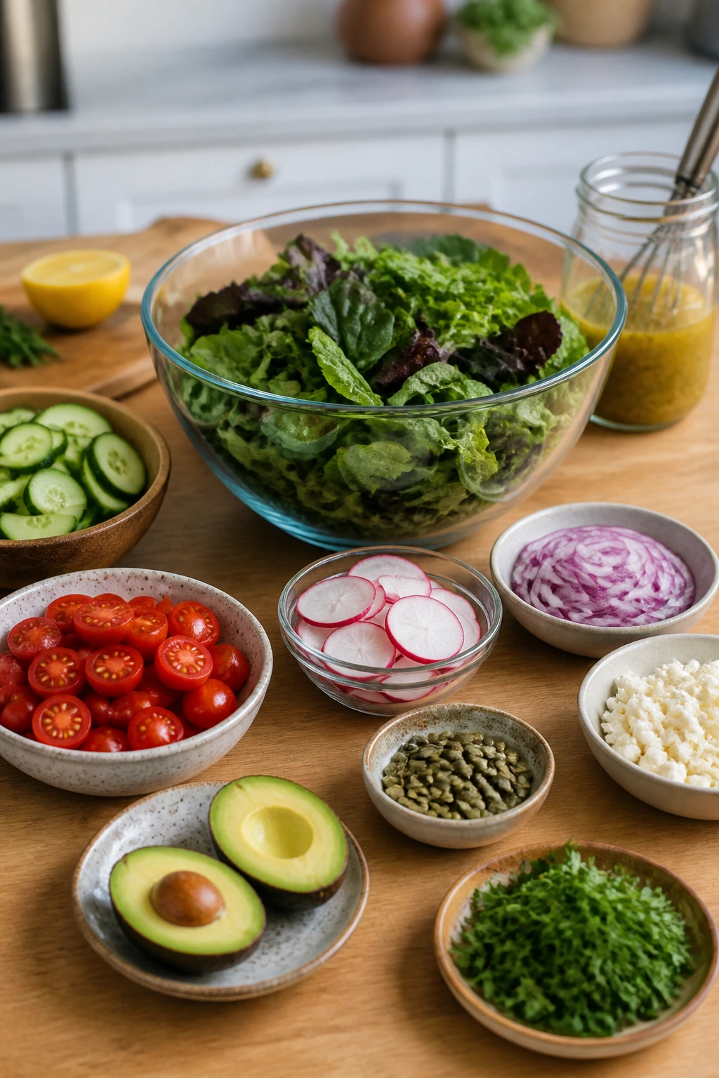 Prep station with greens and ingredients neatly arranged around a tossing bowl