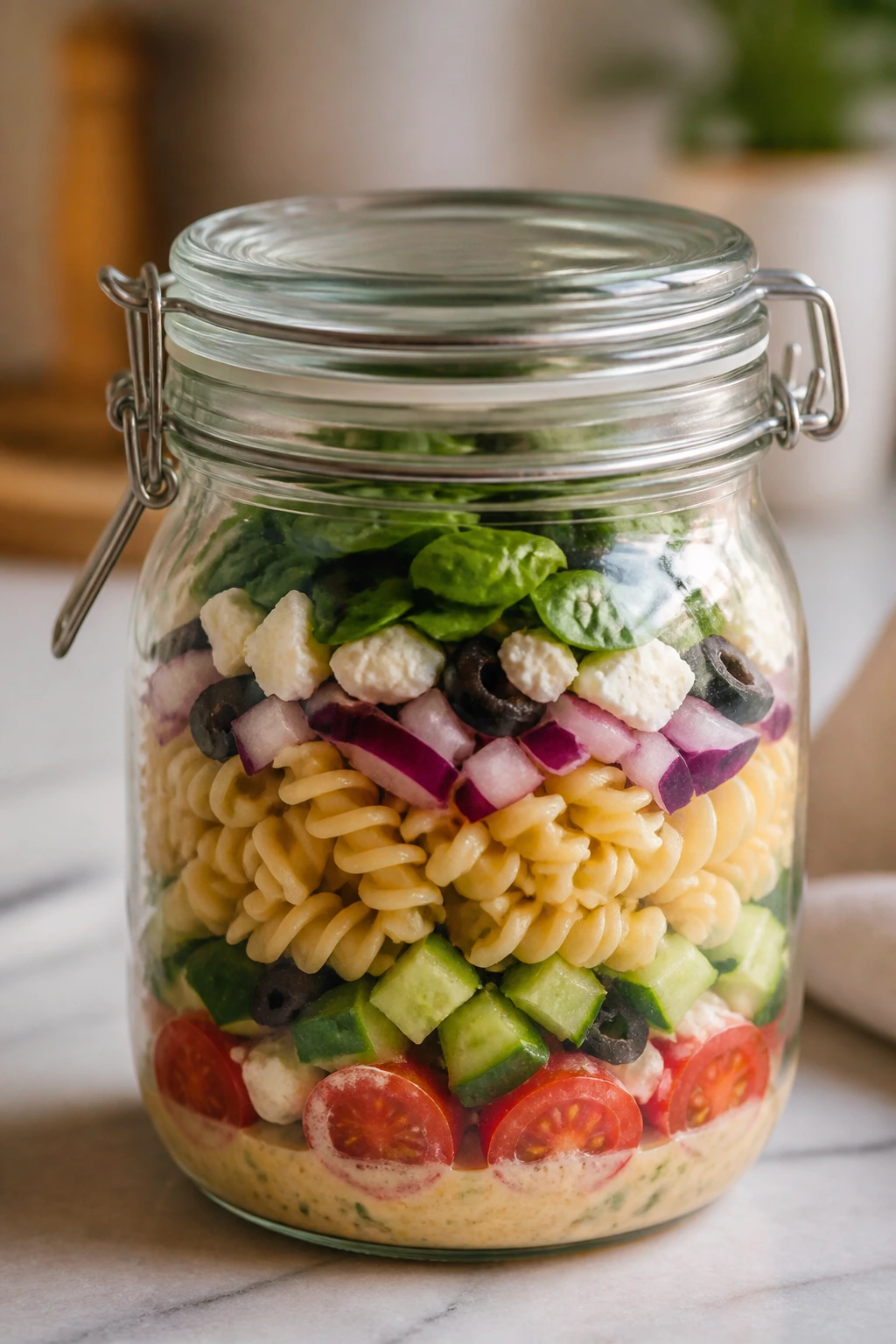 Glass jar filled with layered salad on a kitchen counter
