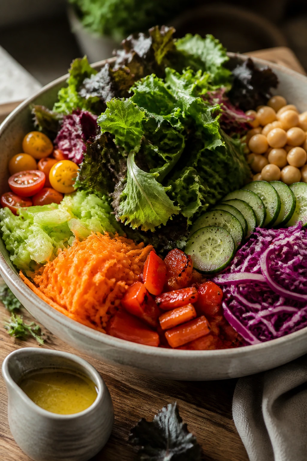Close-up of a crisp salad bowl with layered greens and vegetables.