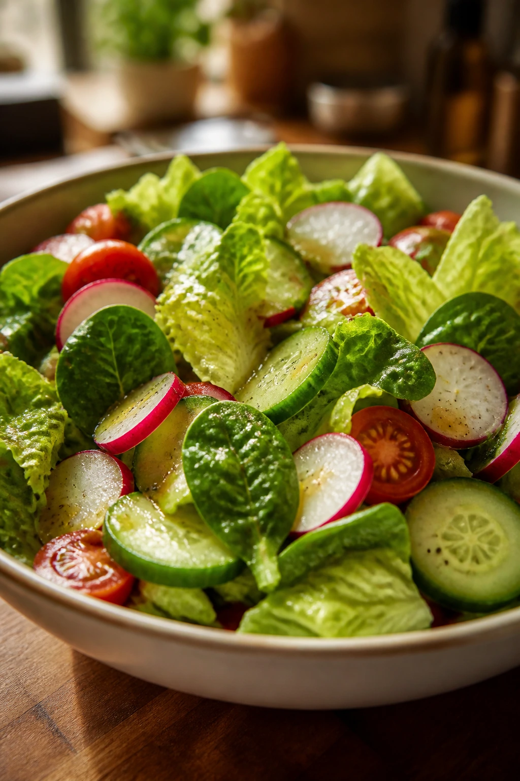 Close-up of a crisp salad bowl with romaine, spinach, cucumber, radish, and tomatoes in lemon-Dijon vinaigrette.