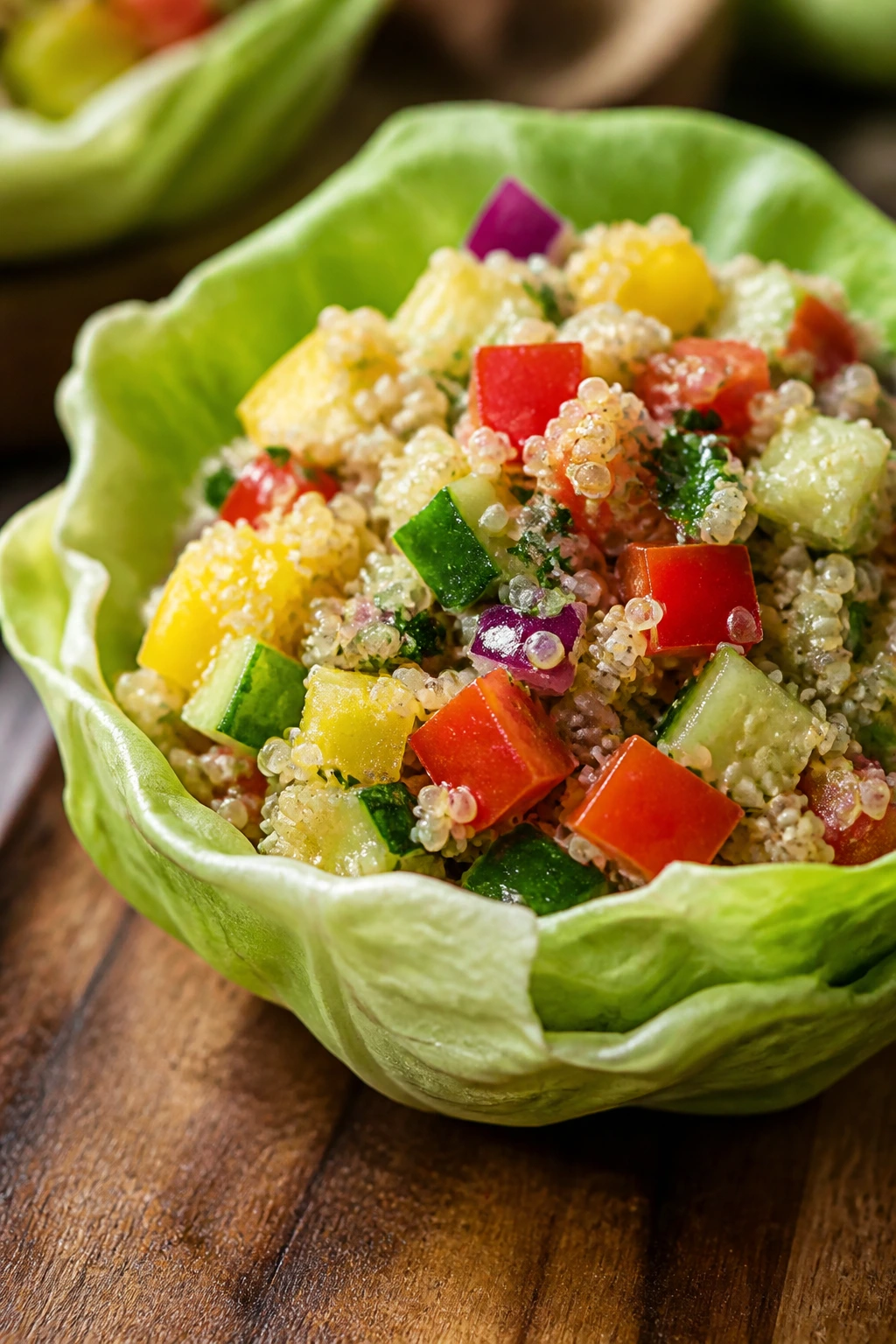 Close-up of butter lettuce cup with quinoa and veggies on a wooden table