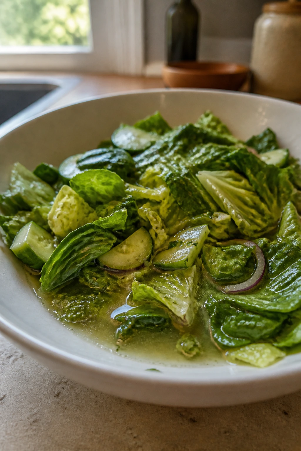 Damp, watery-looking greens in a bowl showing a common salad mistake