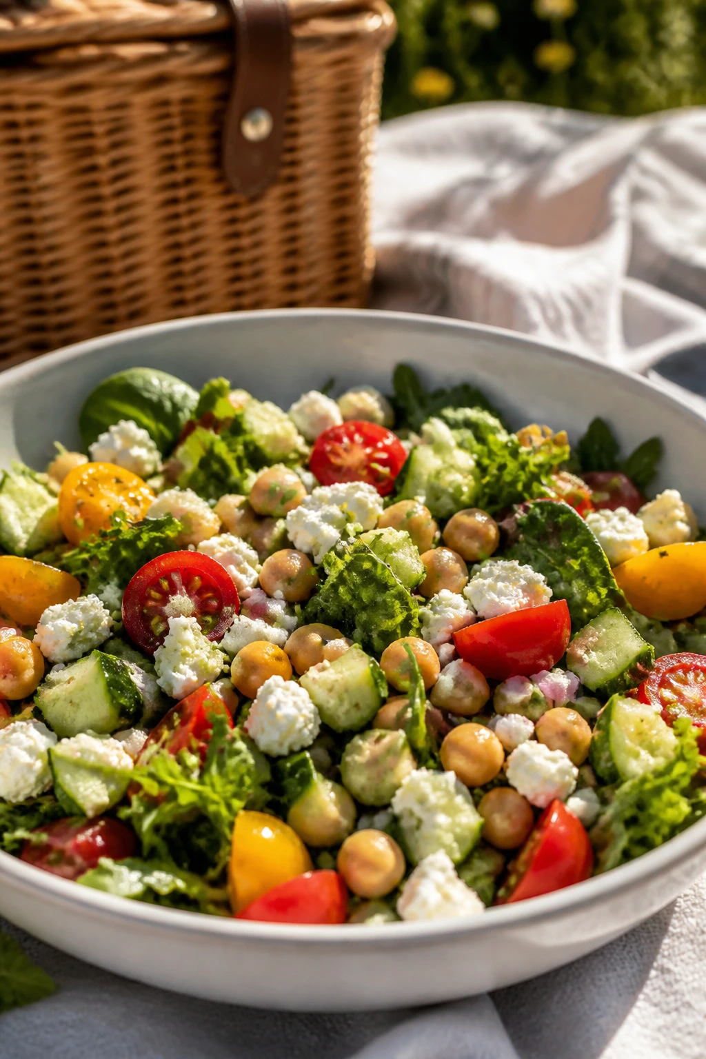 Close-up of a vibrant salad in a shallow bowl for a picnic.