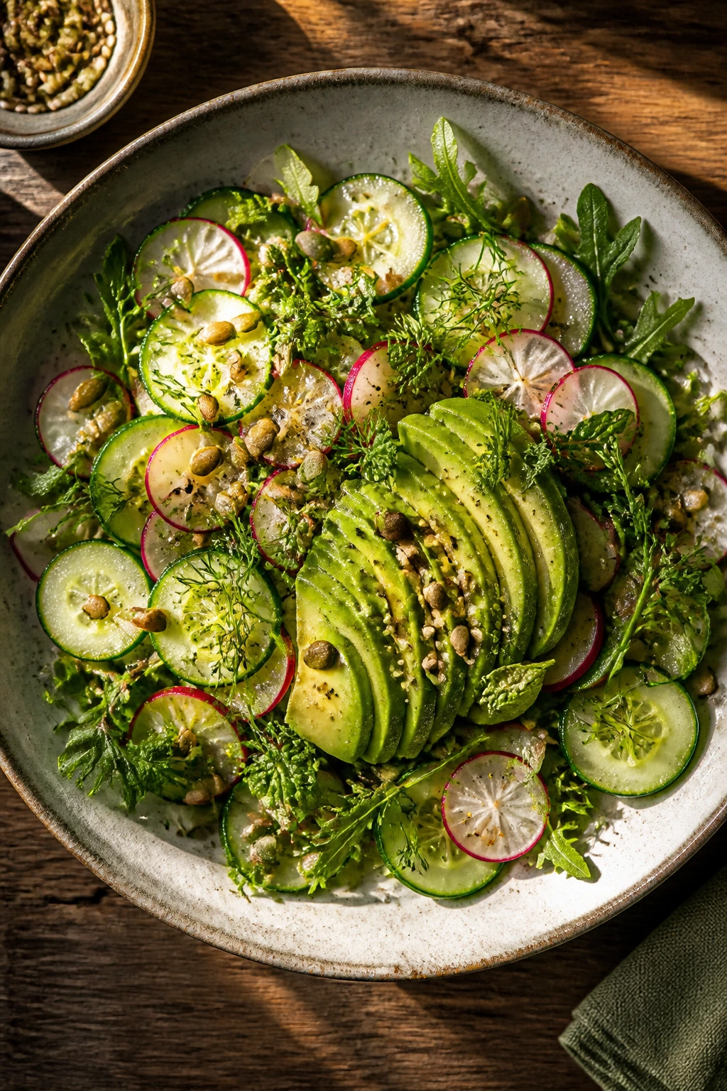 Salad in shallow bowl with avocado on top on wooden table