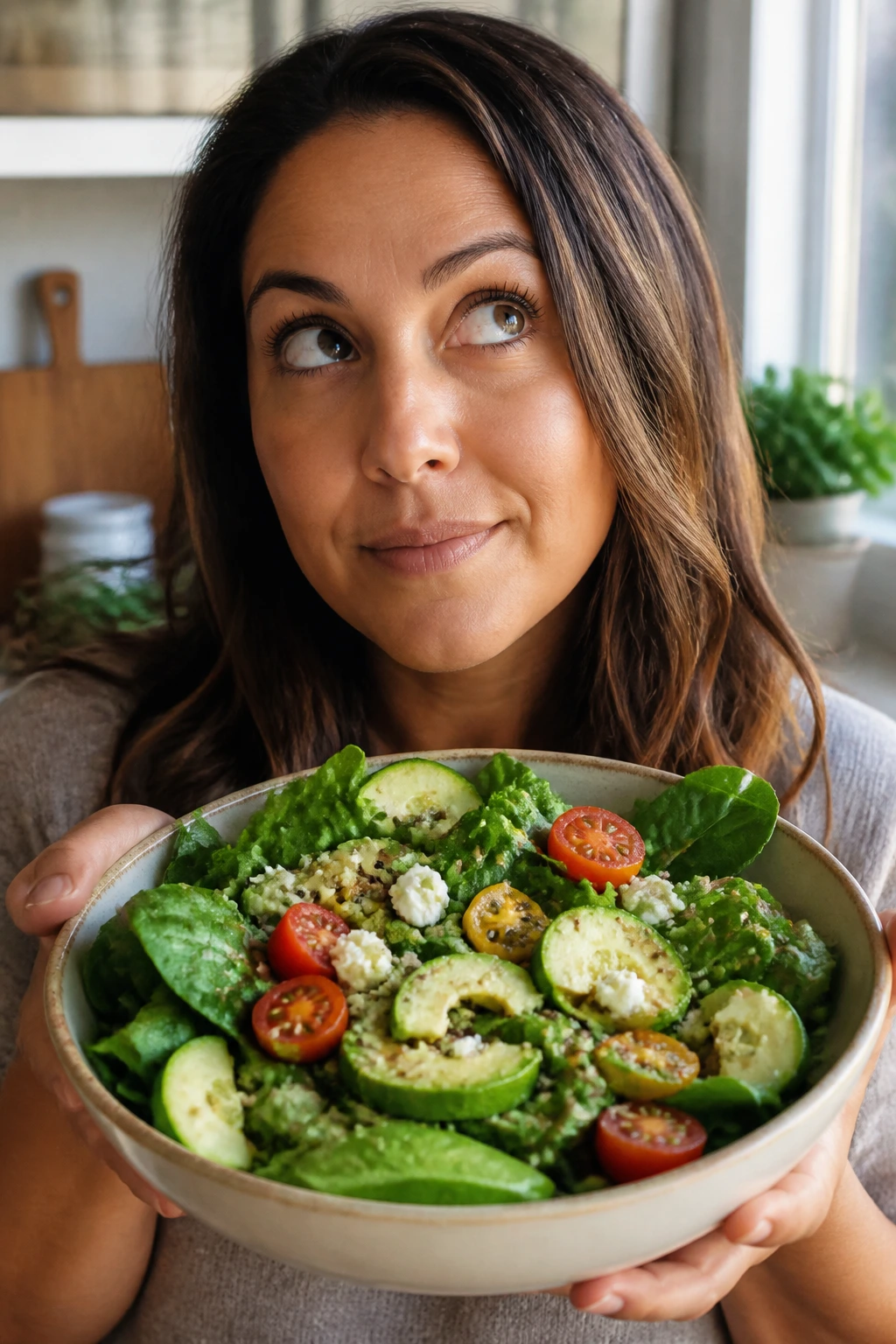 Real person holding a fresh salad bowl in a kitchen, posed portrait
