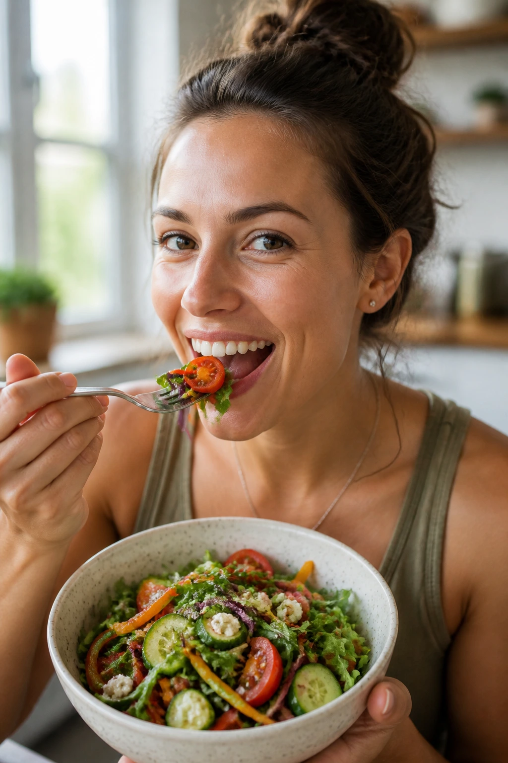 Real person about to eat a colorful veggie salad in a bright kitchen.