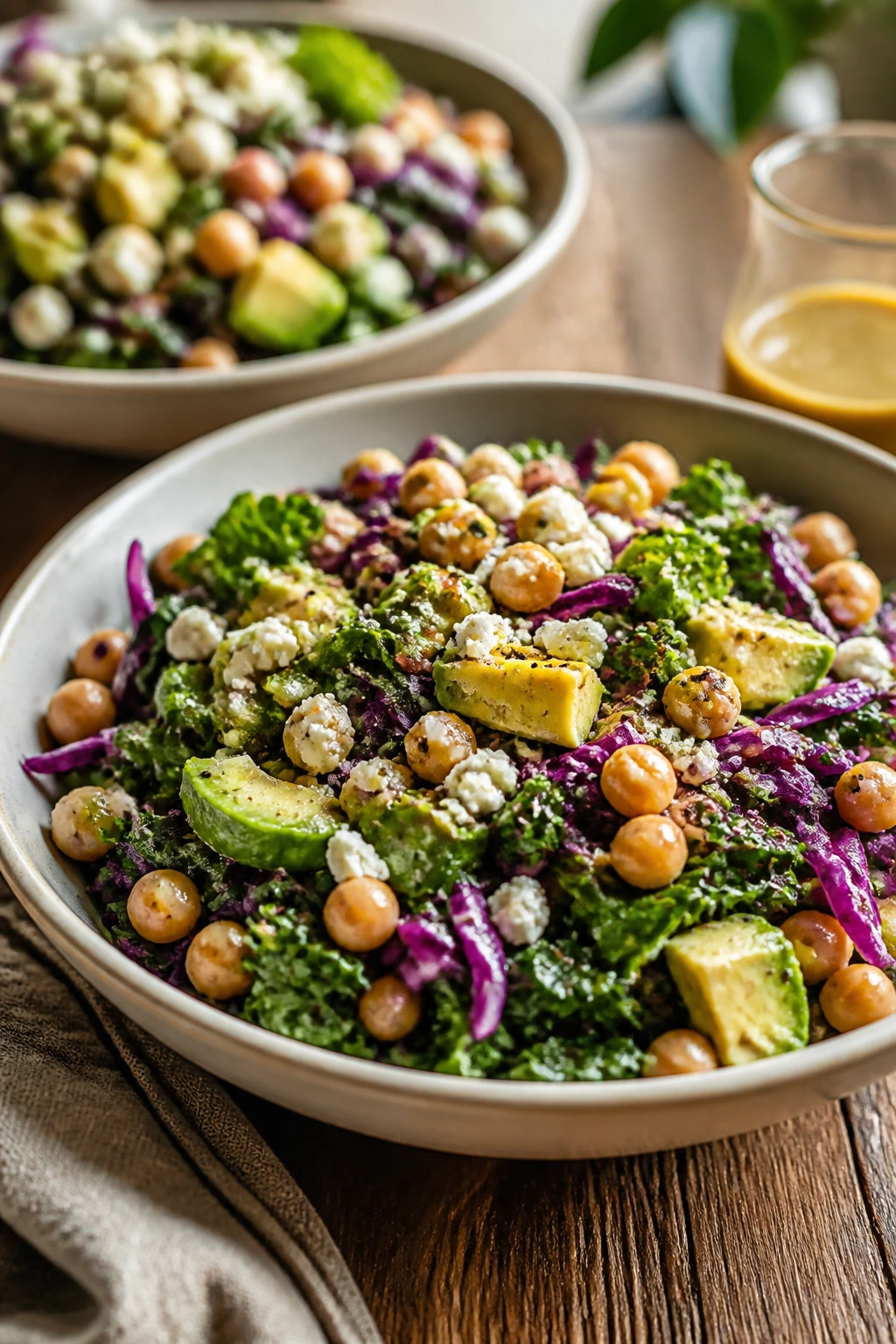 Colorful hearty veggie salad in shallow bowls, showing cabbage, chickpeas, avocado, feta in a bright kitchen.