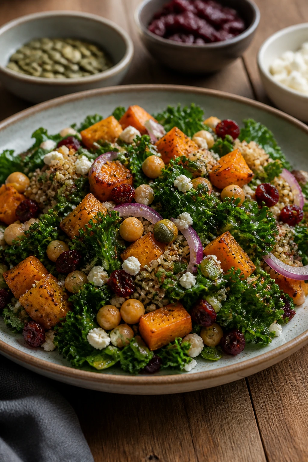 Generous plated salad ready to serve on a rustic wooden table.