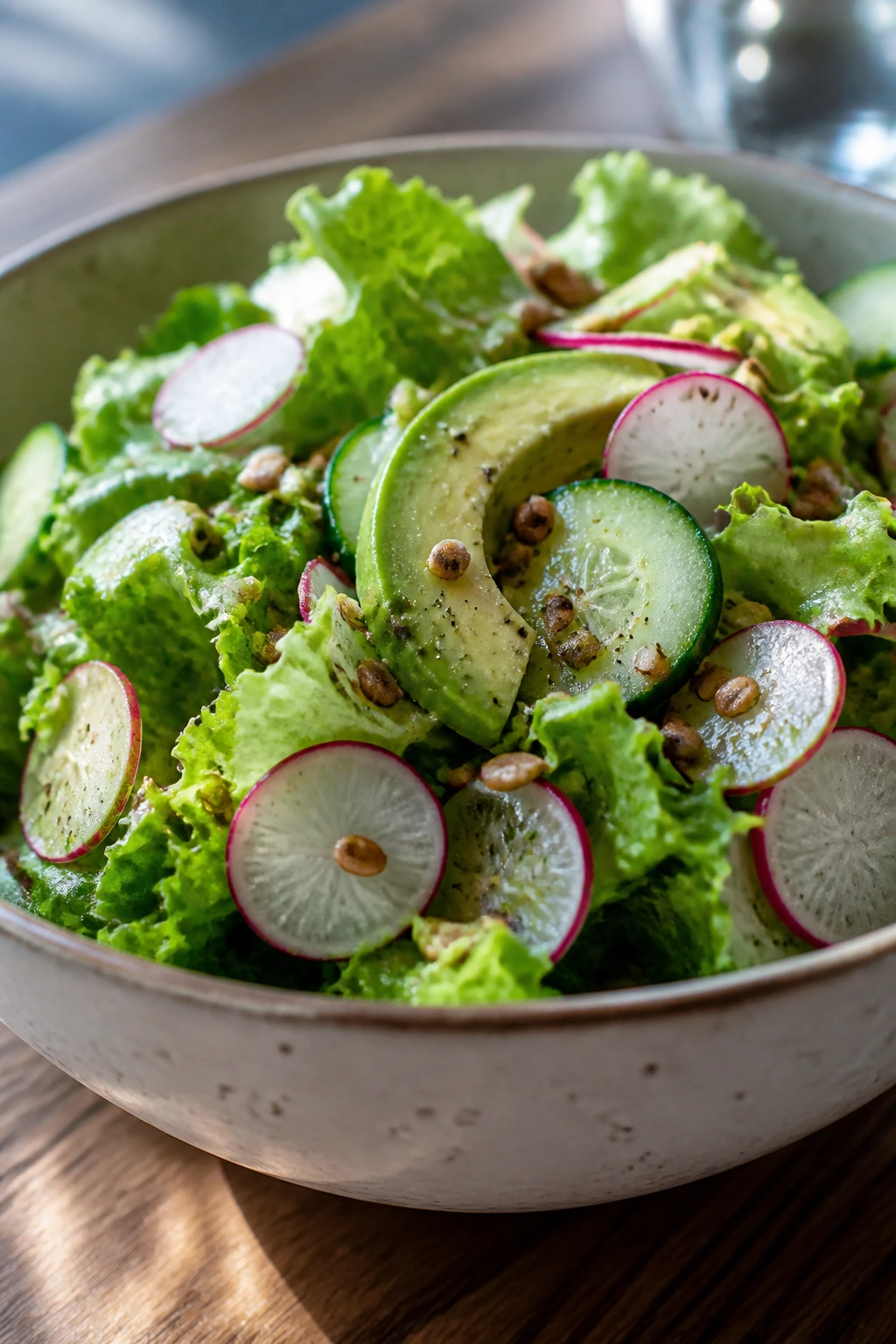Ready-to-serve salad bowl with greens, cucumber, radish, avocado and feta