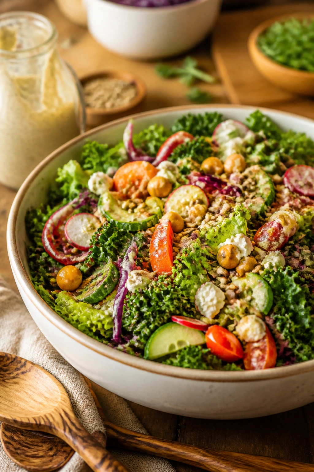 Close-up of a vibrant salad bowl suggesting portions and serving notes on a kitchen counter.