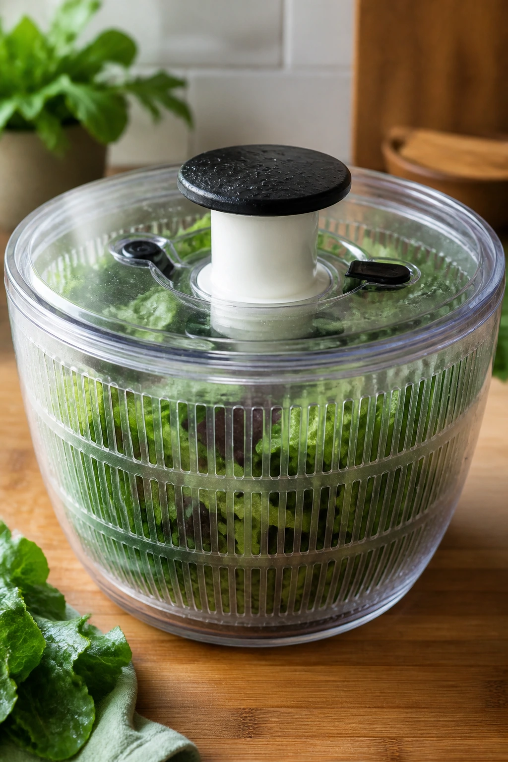 Close-up of a transparent salad spinner with greens inside on a kitchen counter