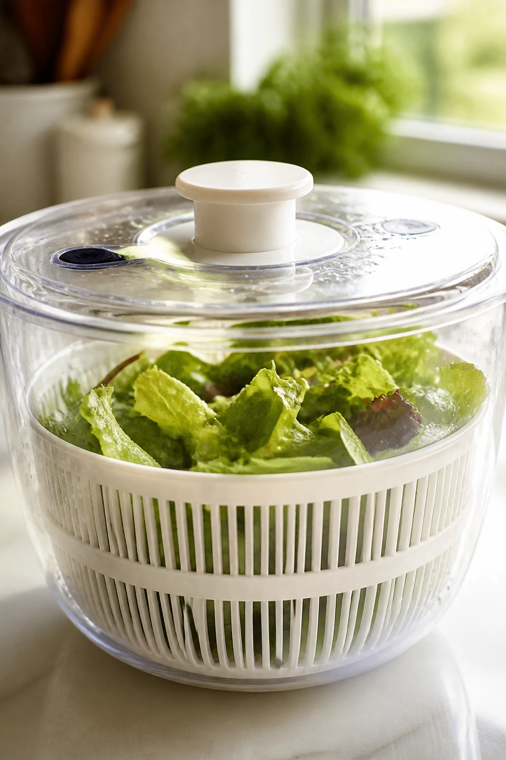 Salad spinner ready to dry greens on countertop