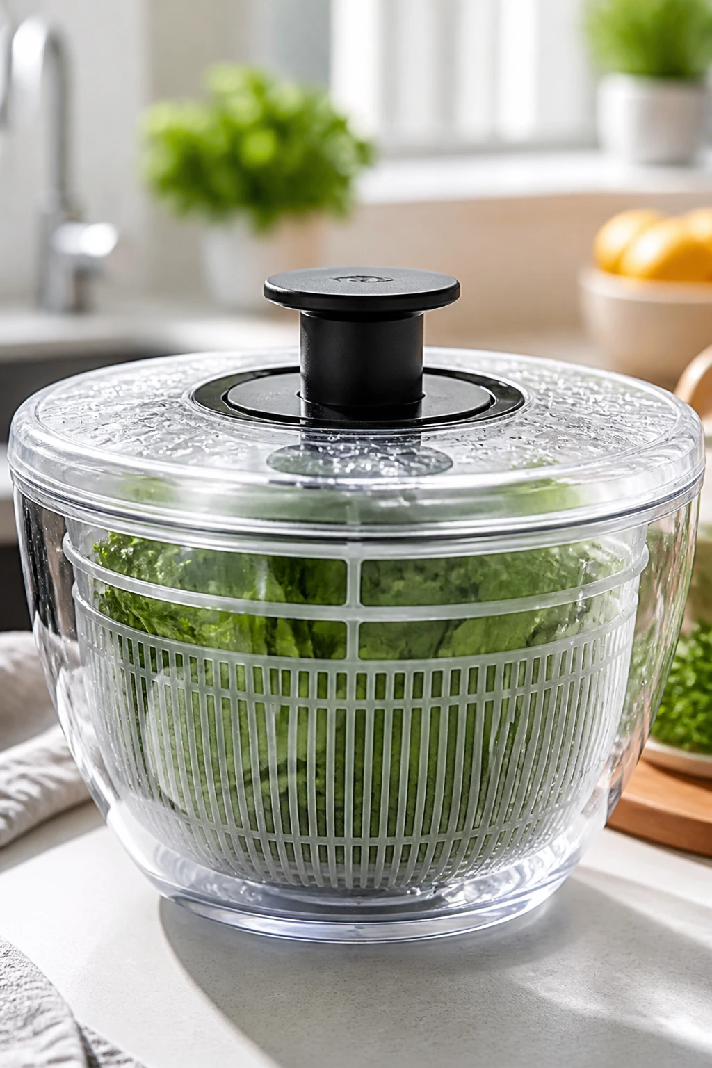 Salad spinner with greens in a bright kitchen