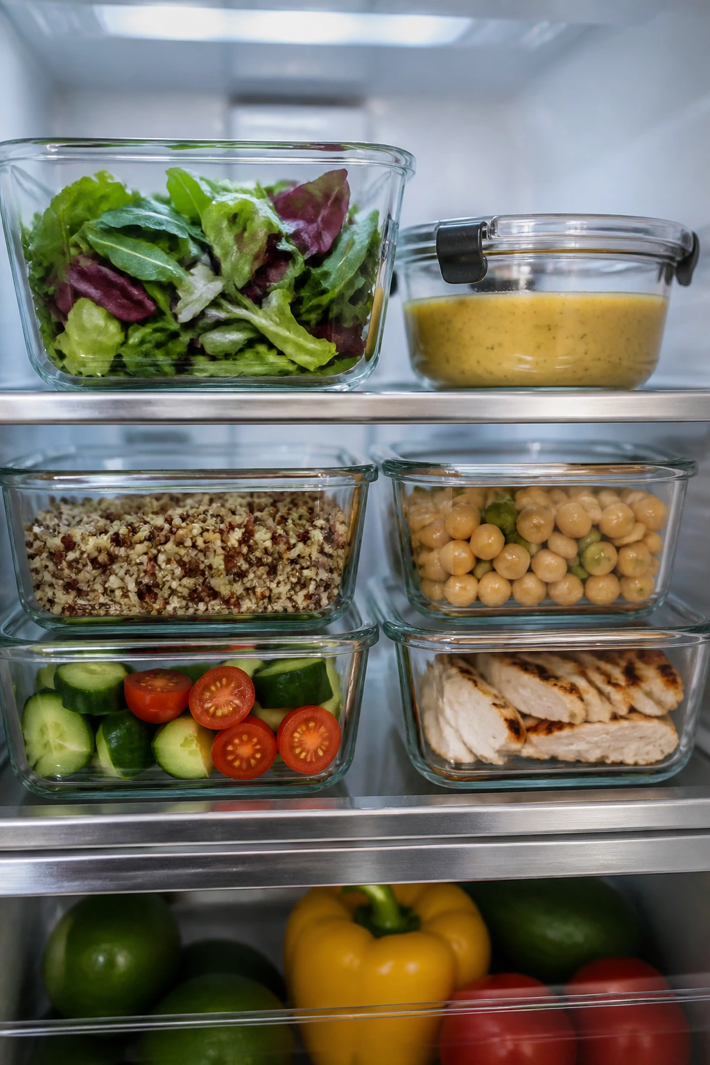 Fridge storage of salad components in clear containers illustrating make-ahead prep.