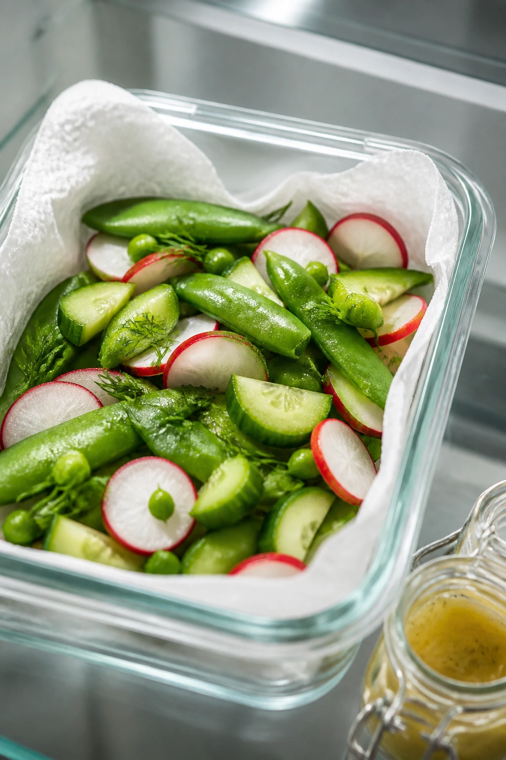 Storage container with undressed vegetables and dressing nearby