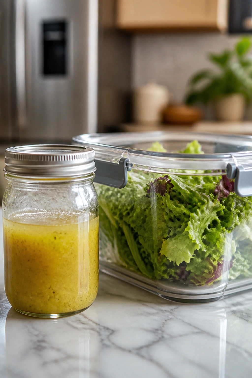 Glass jar of dressing with greens in an airtight container on counter for storage