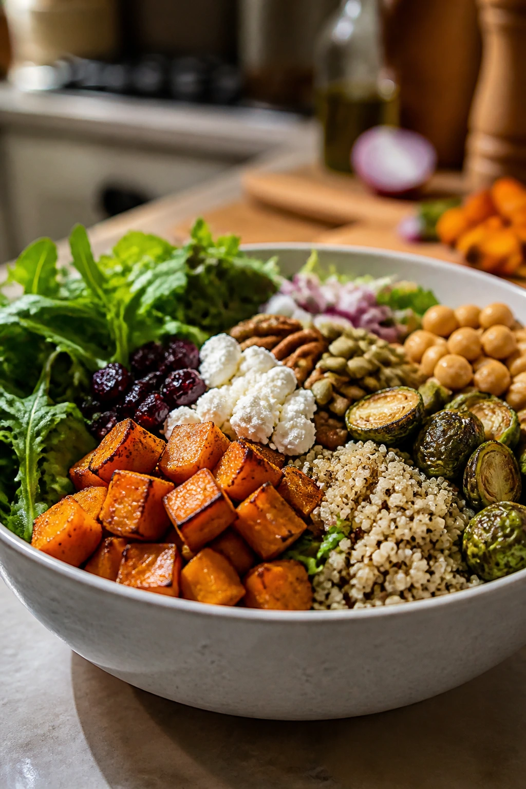 Close-up of a layered multi-component salad bowl illustrating slow-down build