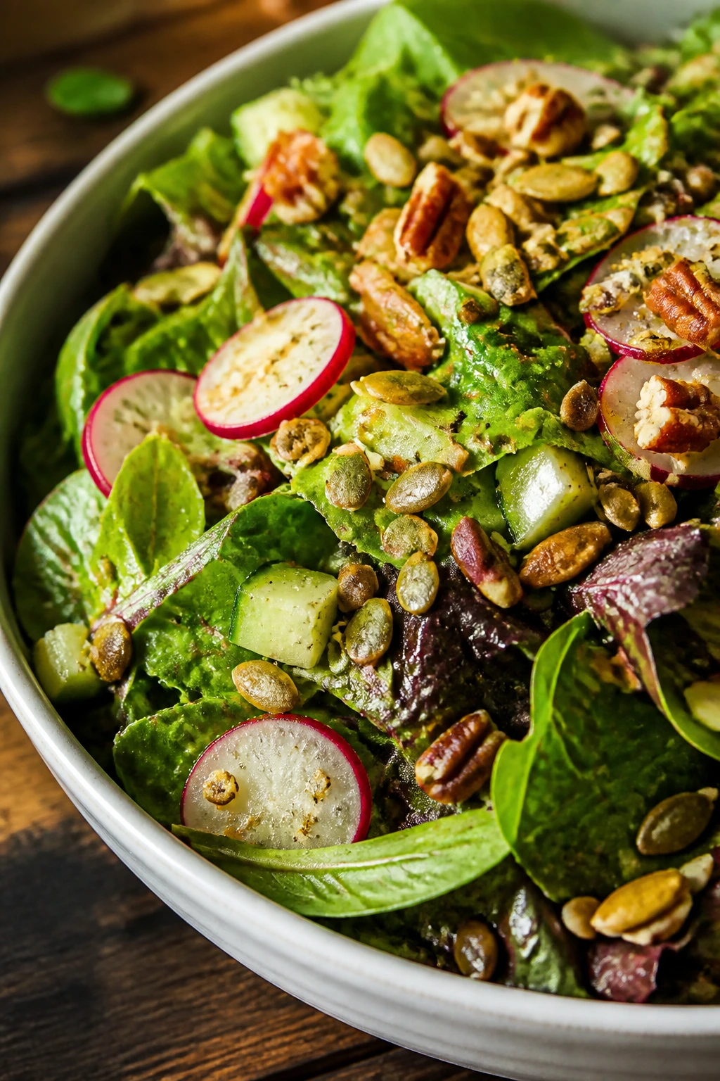 Close-up of a crunchy salad on a rustic wooden table