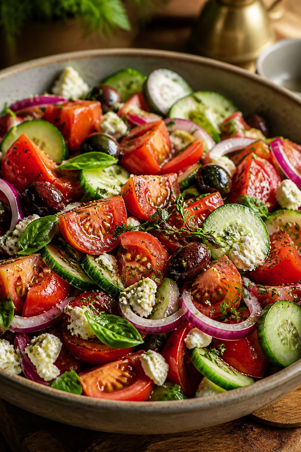 Bright Mediterranean salad in a bowl showing crisp greens and glossy dressing
