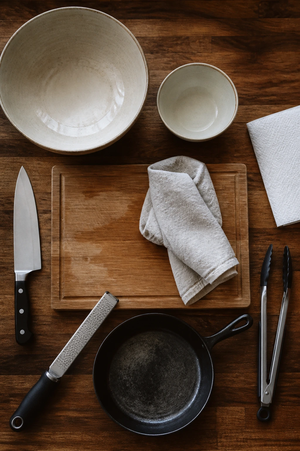 Tools for assembling Watermelon Feta Salad arranged on a counter
