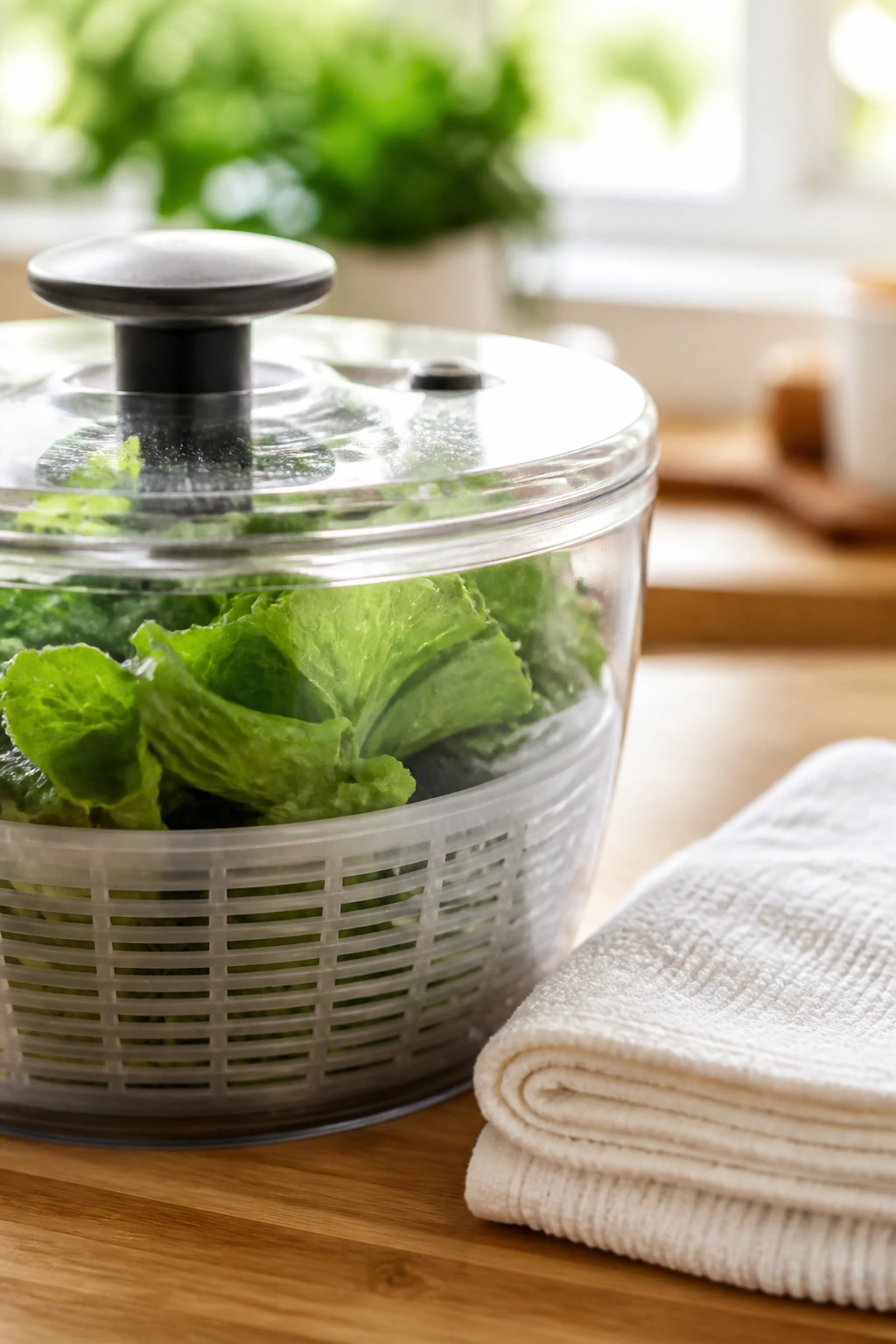 Close-up of a salad spinner with greens and a towel on a wooden counter