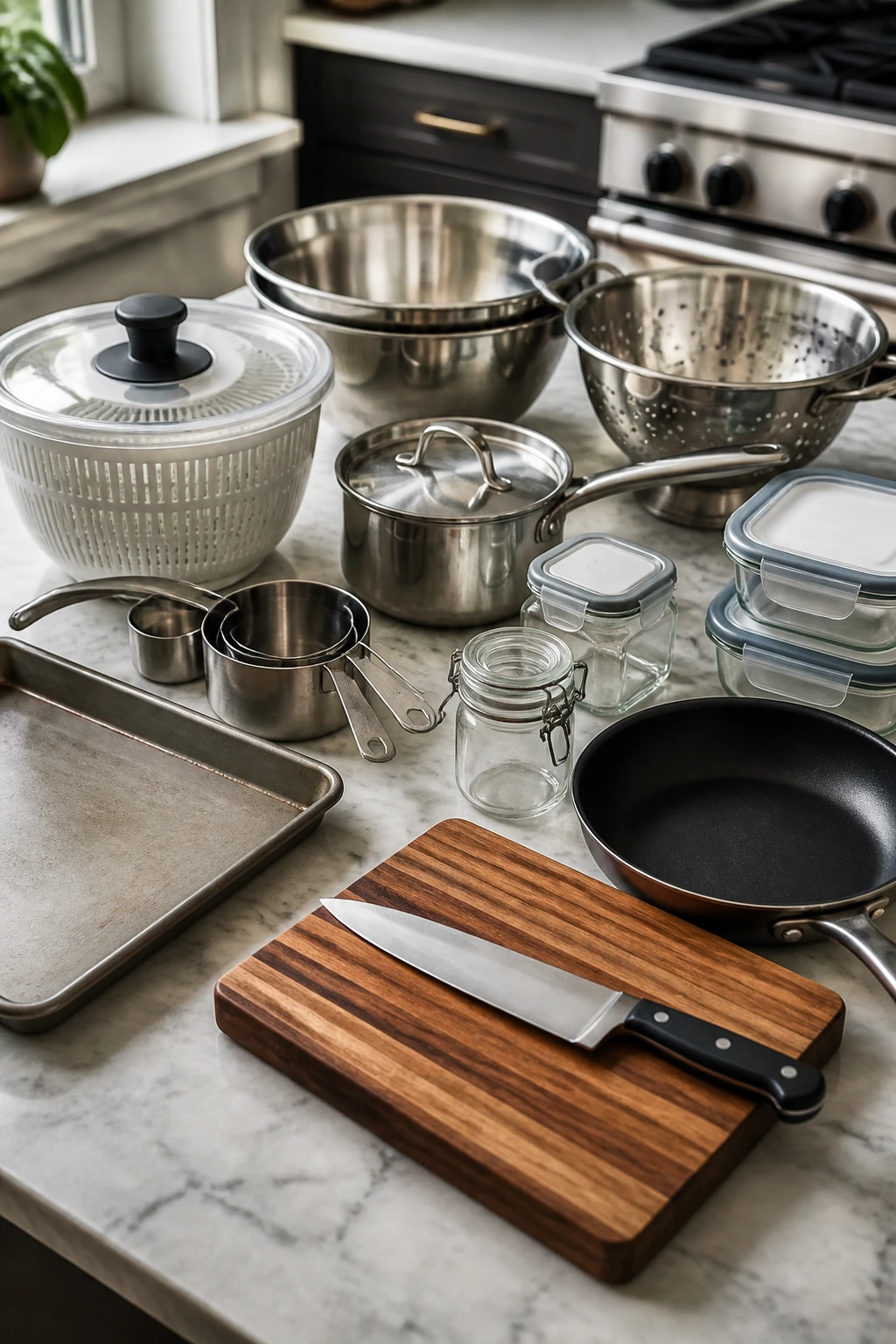 Organized essential salad tools on a kitchen counter