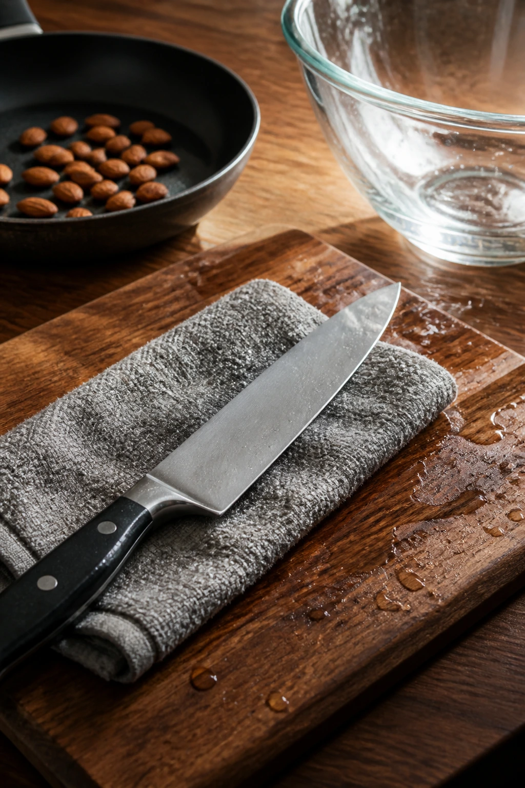 Kitchen tools for crisp salad: knife, cutting board, skillet, and bowl on wood counter
