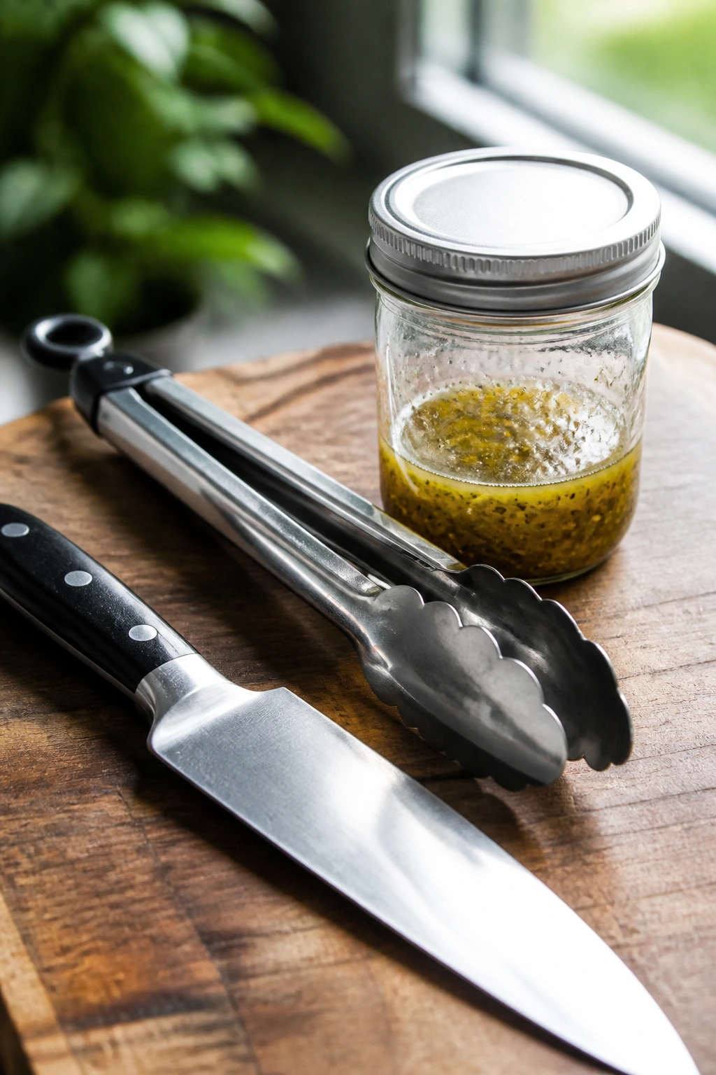 Essentials for salad prep: knife, tongs, and jar on wood surface