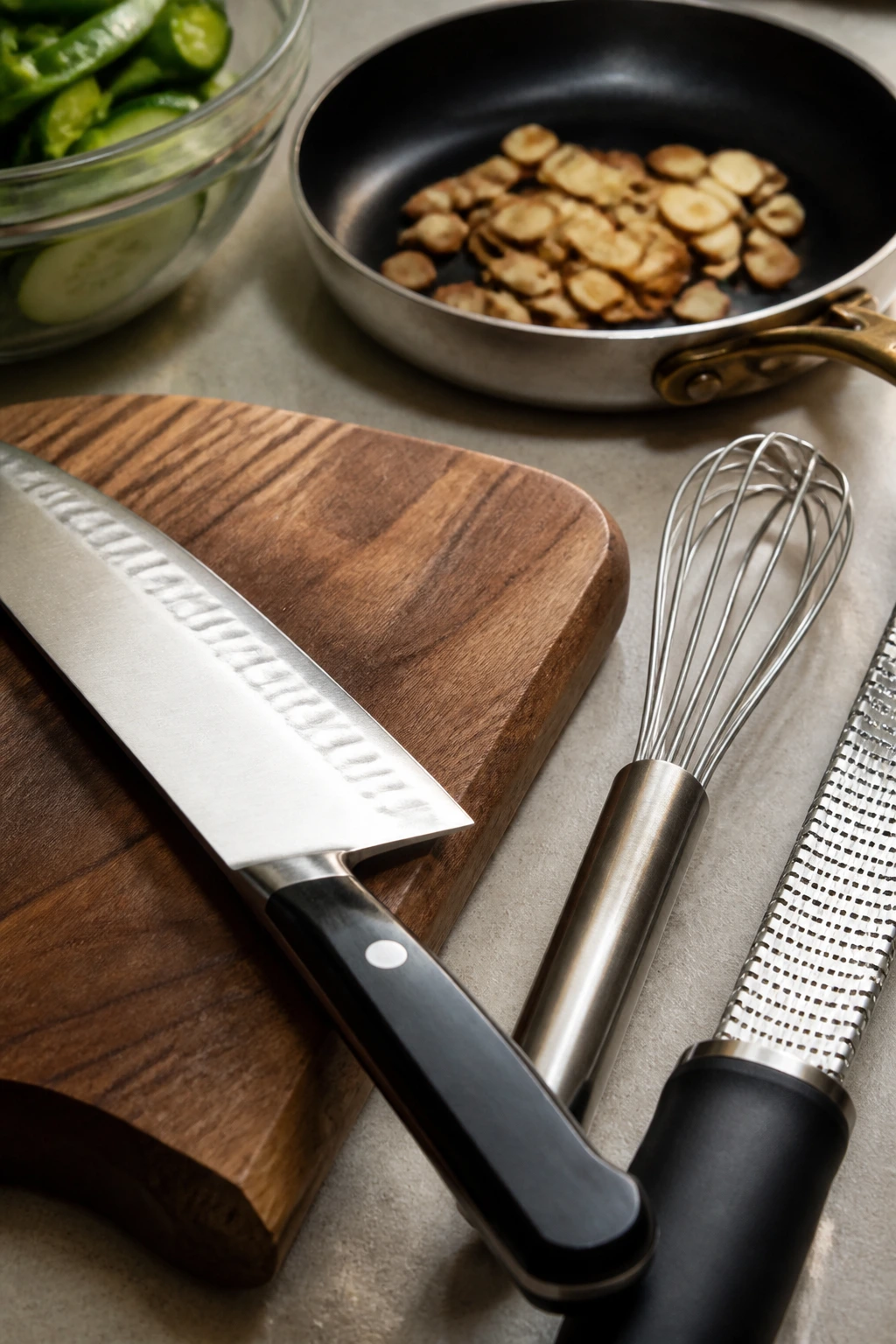 Close-up of essential salad prep tools: knife, cutting board, whisk, microplane, almonds