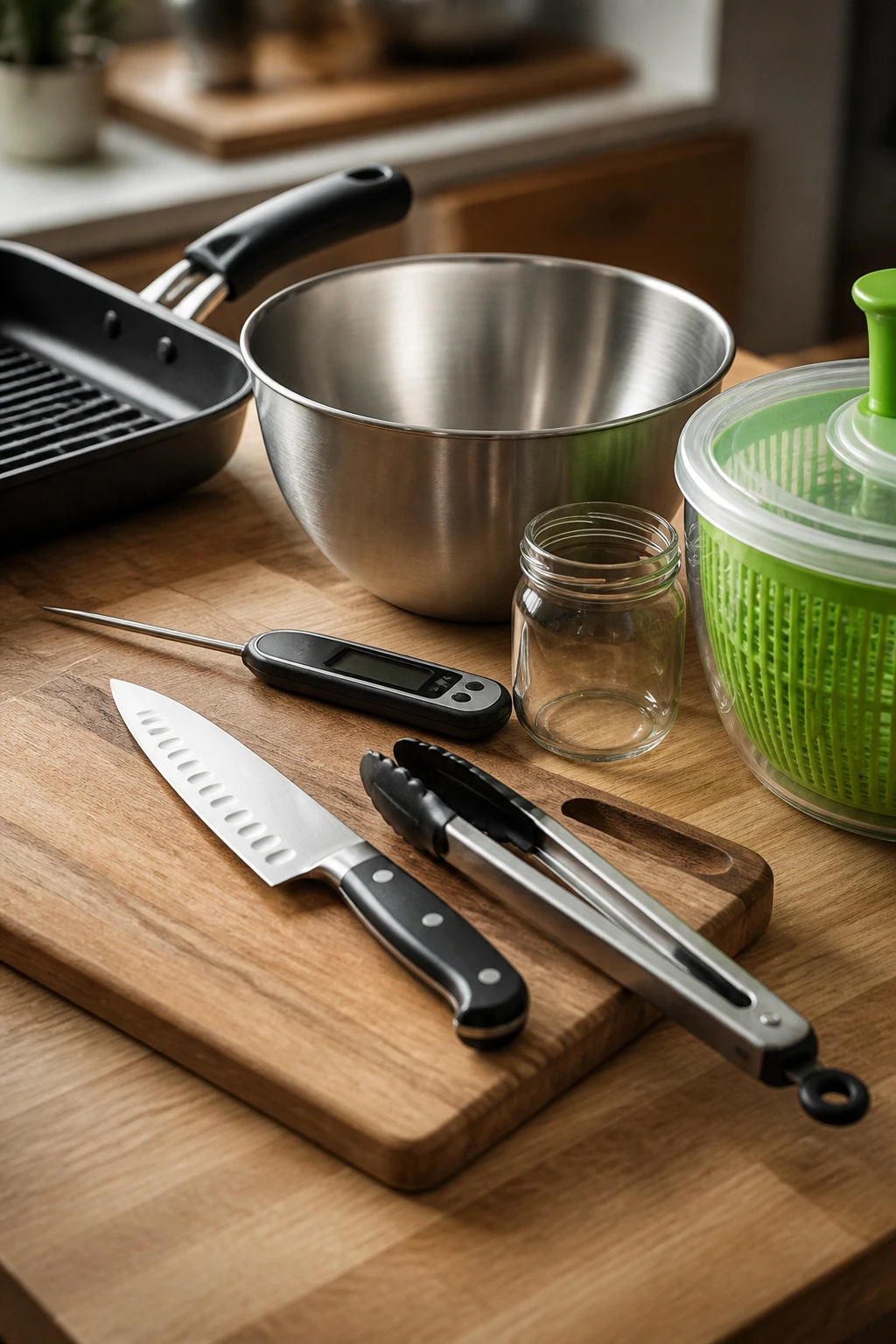 Close-up of essential salad tools arranged on a kitchen counter