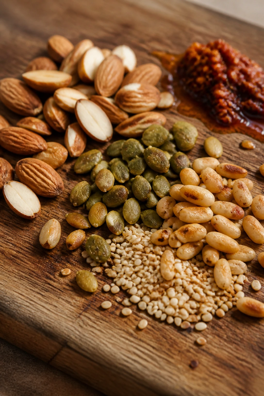 Close-up of mixed toasted nuts and seeds as flavor boosters for salads