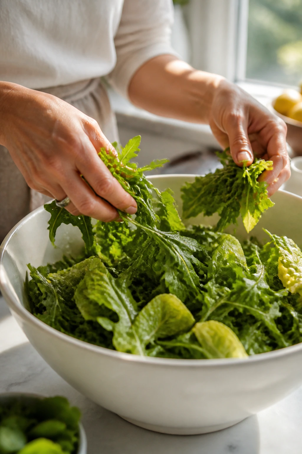Hands tossing salad greens in a bowl in a bright kitchen