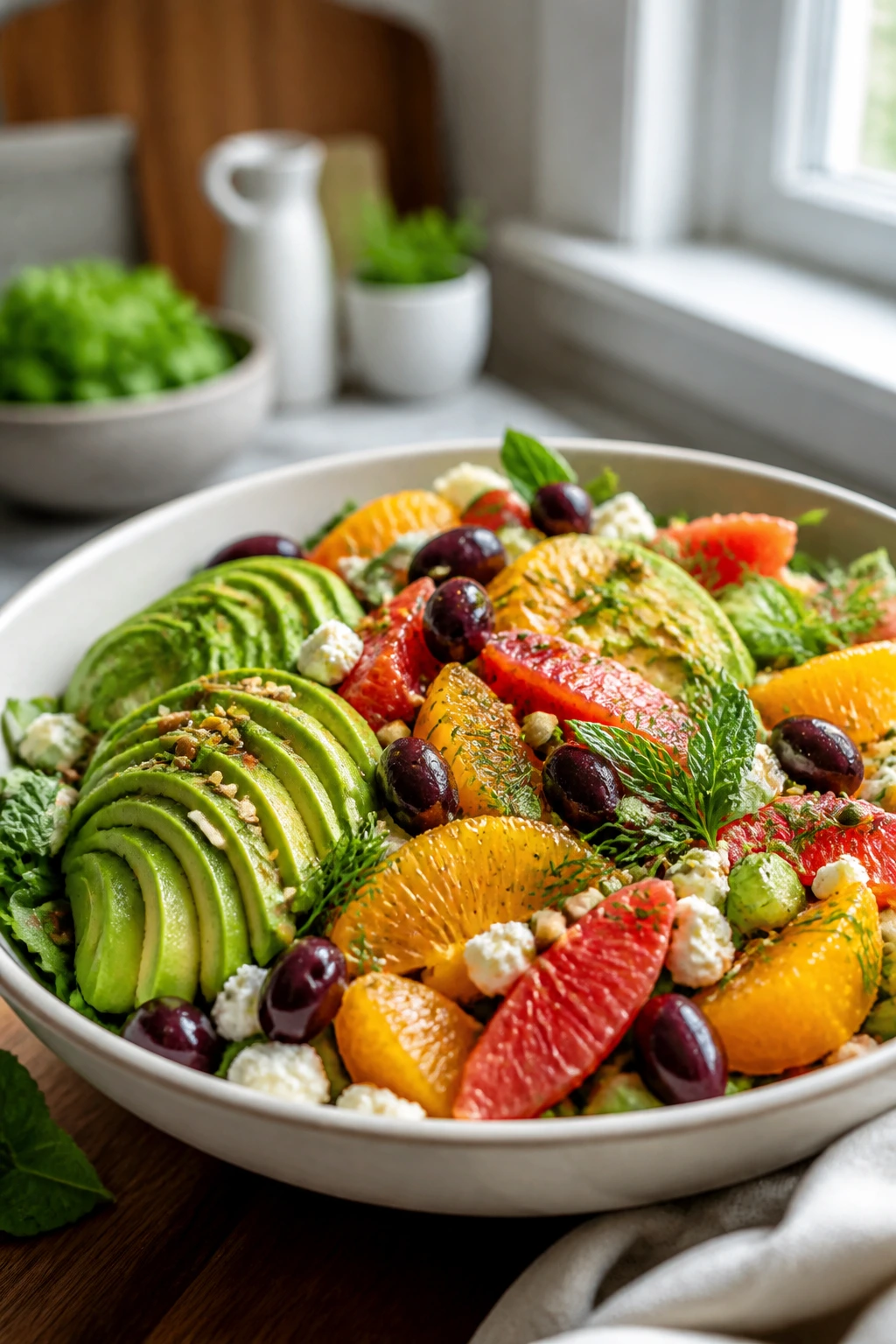 Colorful salad bowl showing avocado, citrus, olives, and seeds