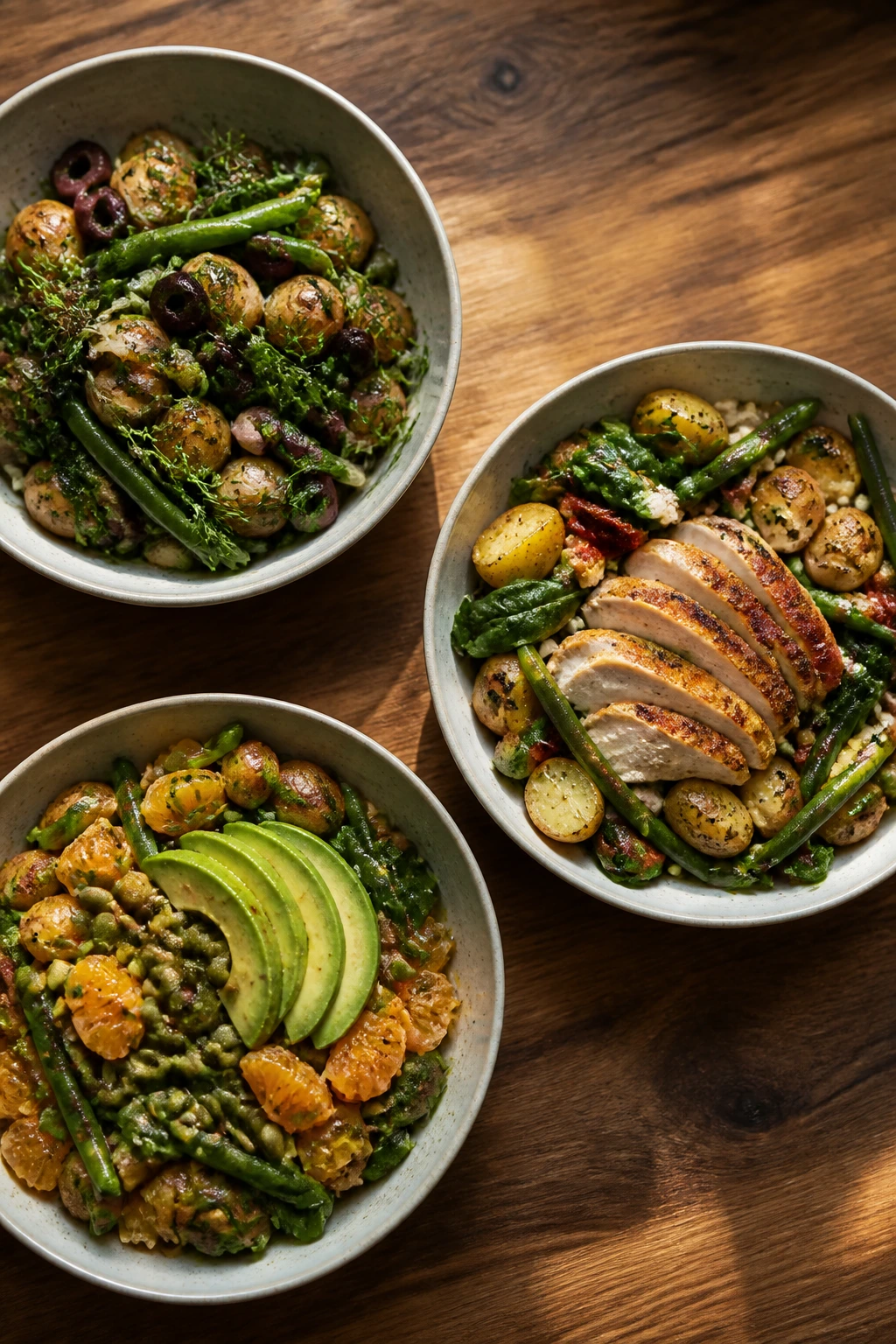 Trio of salad bowls with three variations on a wooden surface