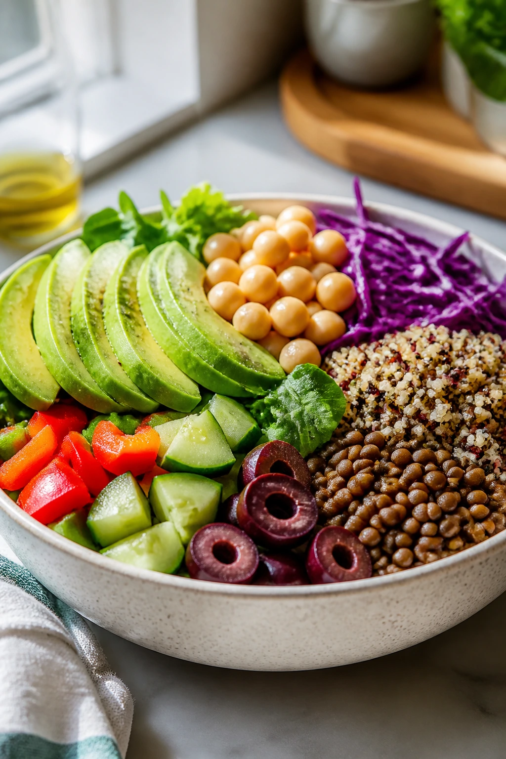 Colorful salad bowl showing variations with avocado, chickpeas, quinoa and cabbage.