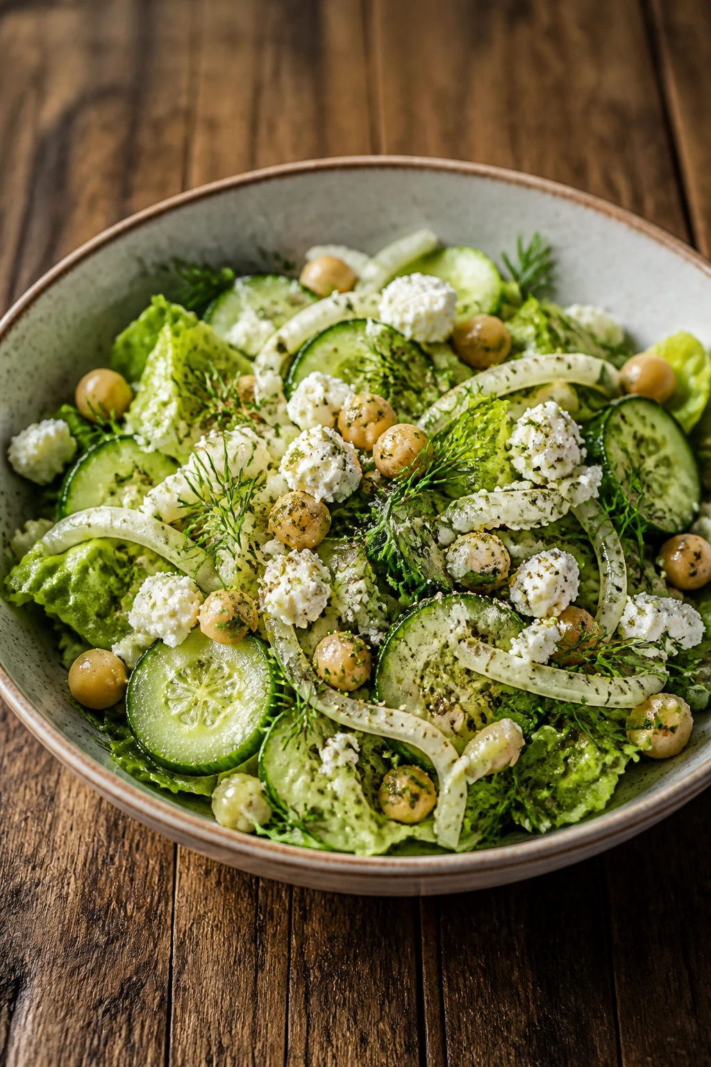 Vibrant Mediterranean salad variation with romaine, cucumber, fennel and feta