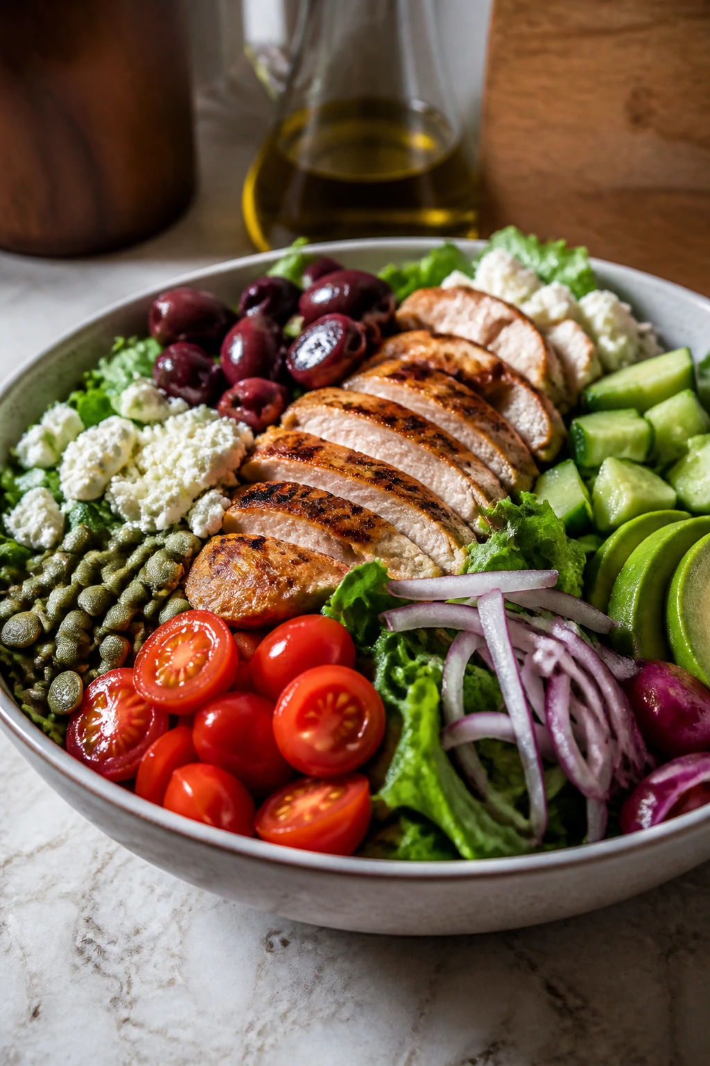 Colorful chicken salad bowl with olives, feta, cucumber and seeds