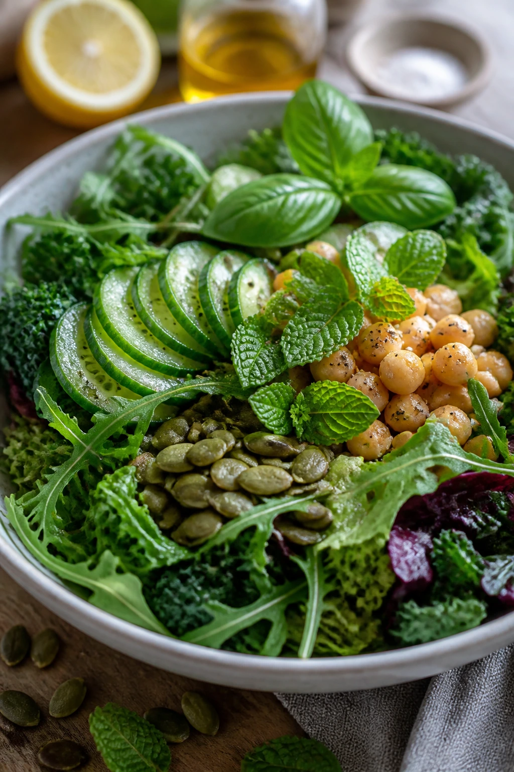 Close-up of a versatile vegan salad with varied toppings