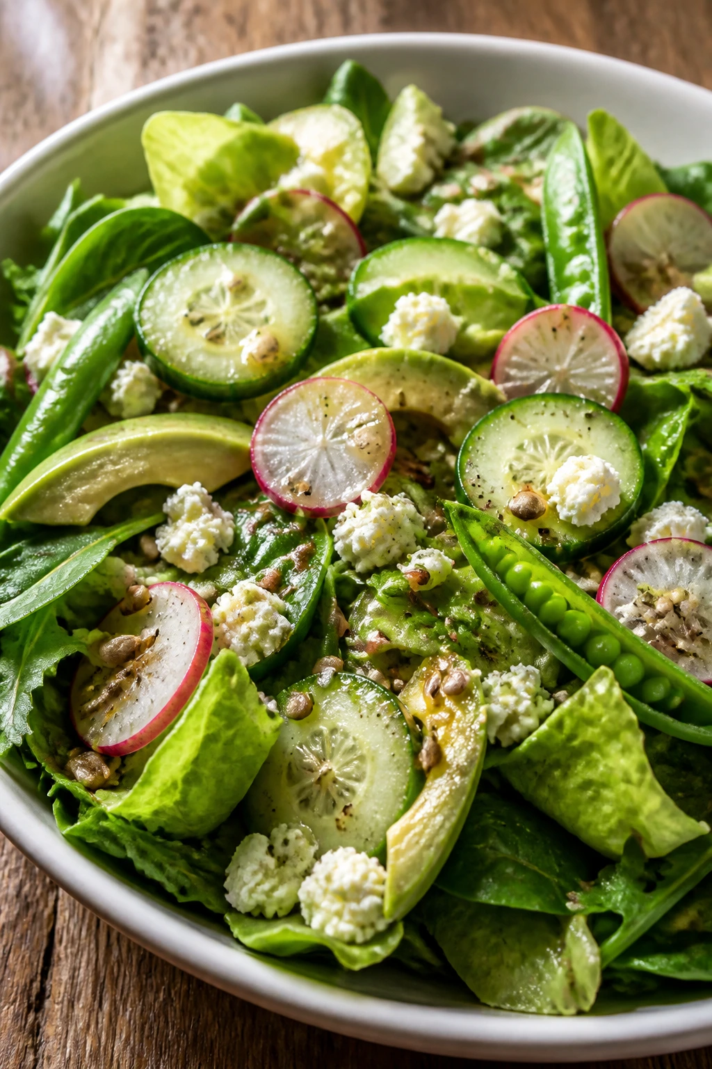Close-up of a bright light seasonal salad with cucumber, radish, avocado, feta, seeds, and lemon vinaigrette on a wooden table
