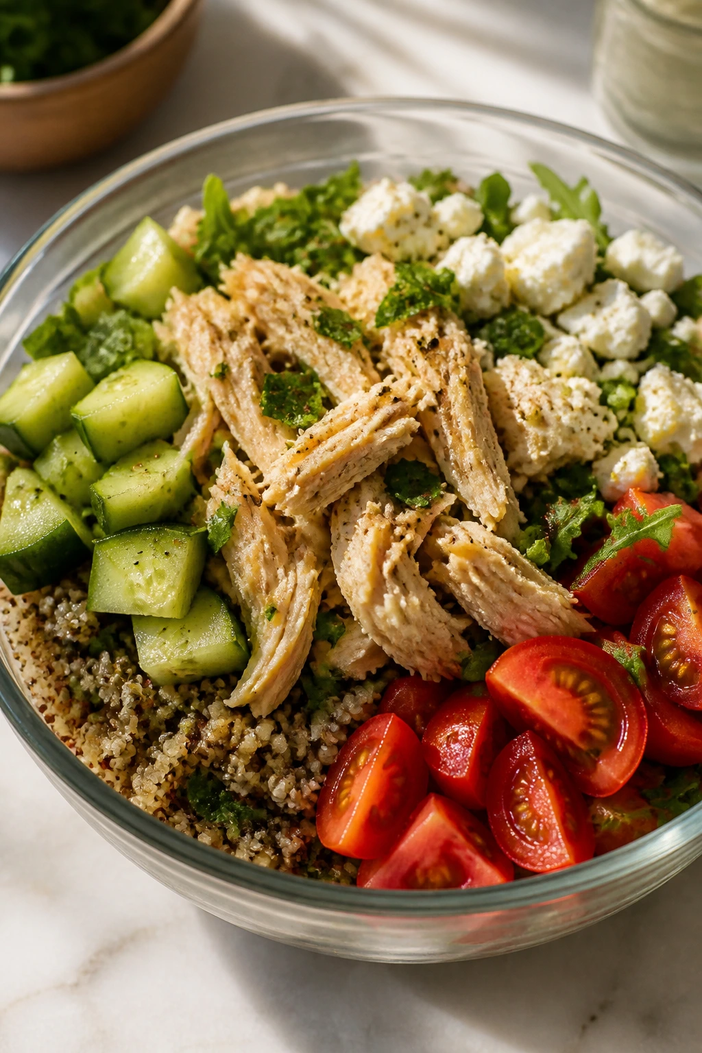 Chicken grain bowl with quinoa and vegetables in glass bowl