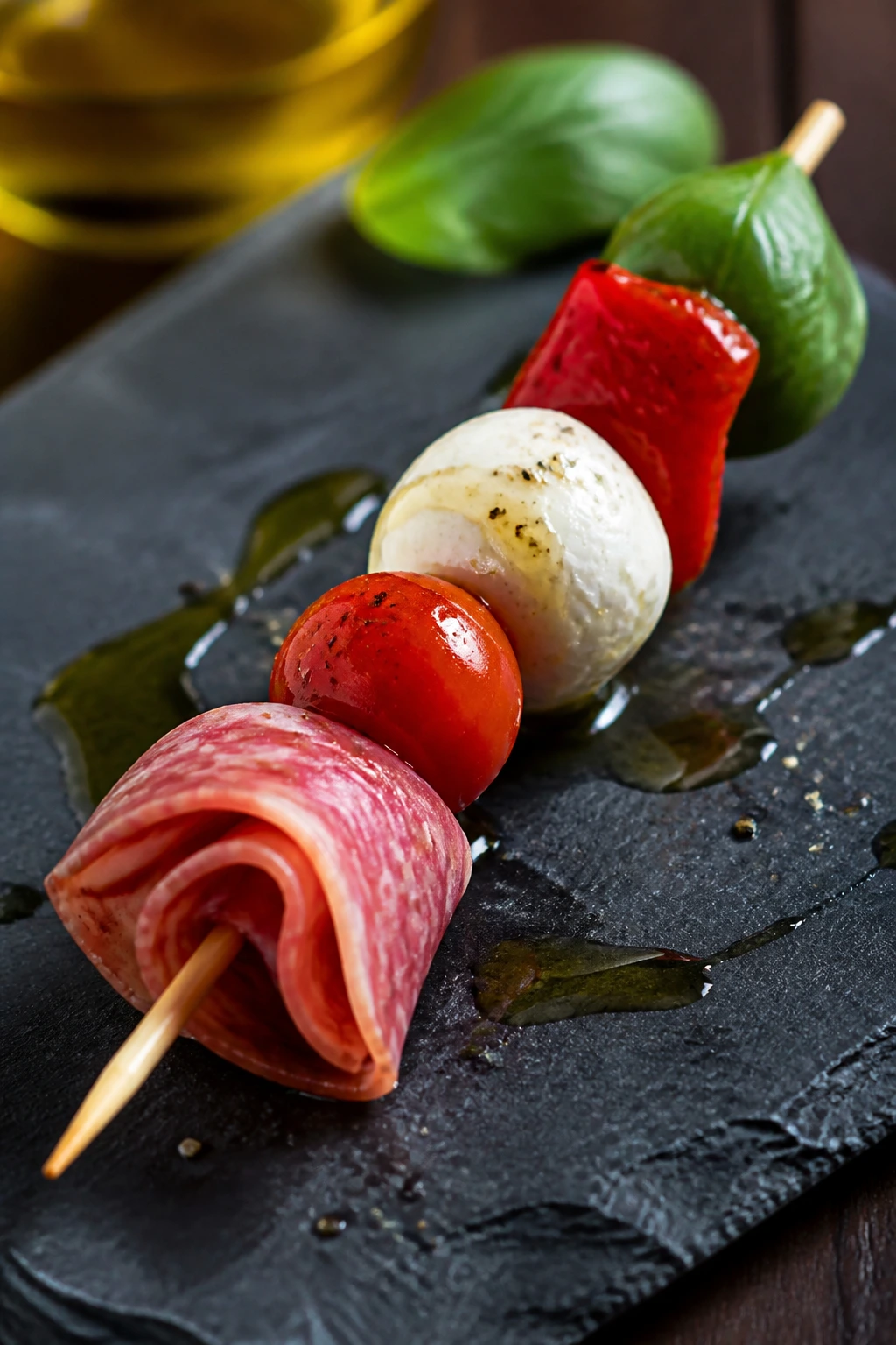Close-up of Salami and Pepper Caprese Skewer on slate board