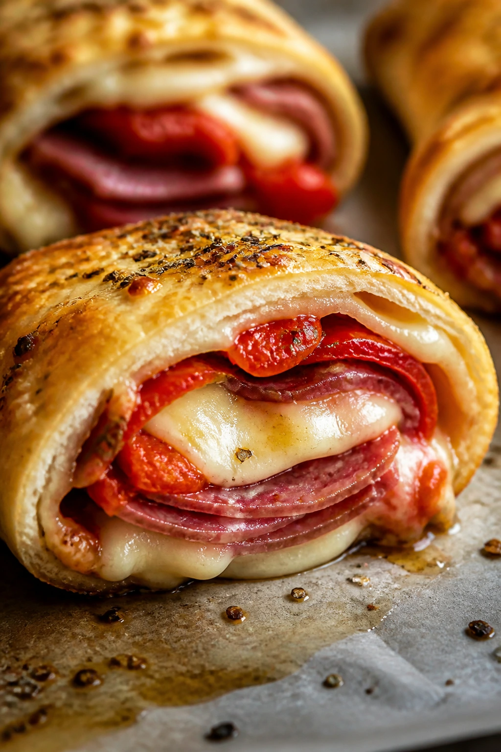 Cross-section of salami pepper fontina rolls