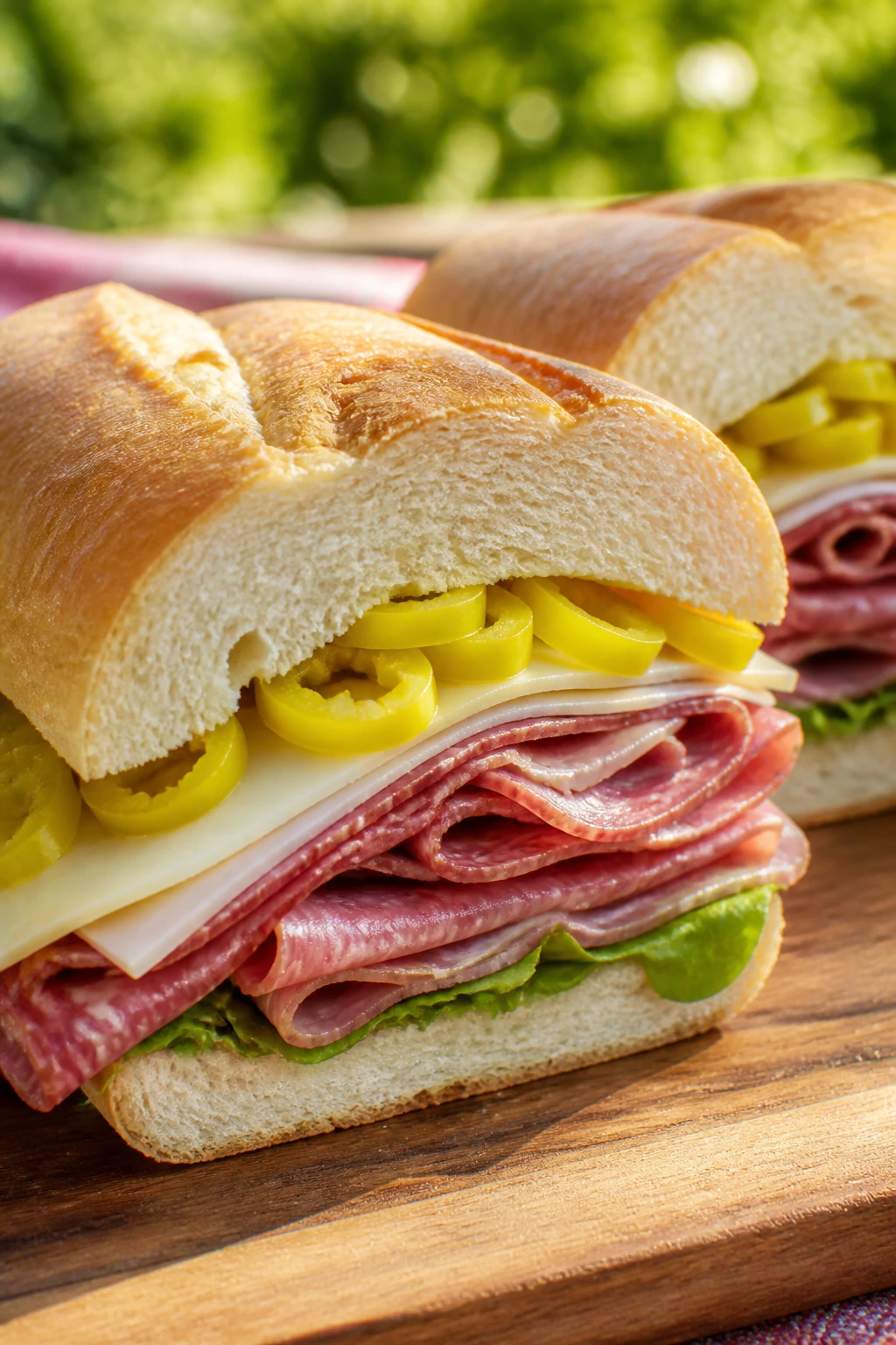 Cross-section of a salami provolone banana pepper sub