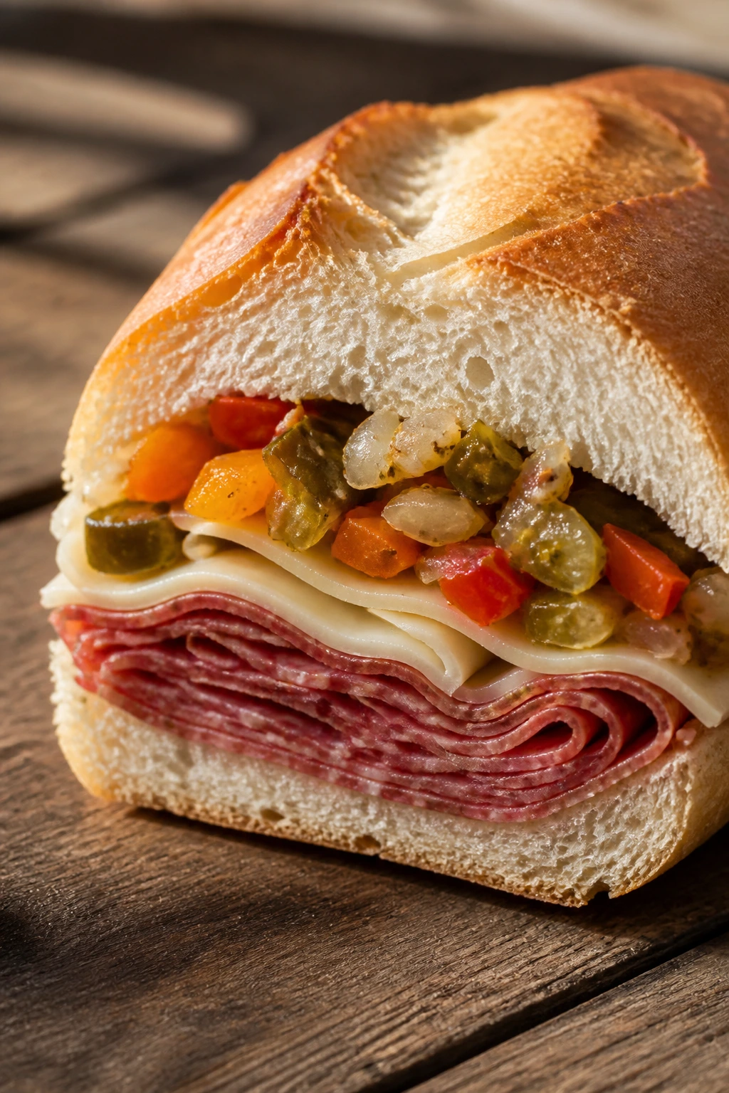Close-up of Salami Provolone Giardiniera Sandwich showing briny slices and crunchy giardiniera.