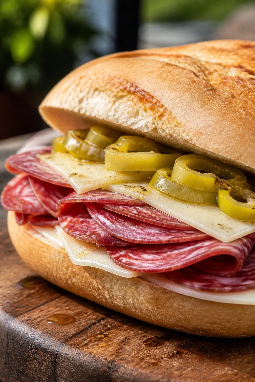 Hoagie sandwich with salami provolone pepperoncini on wooden board