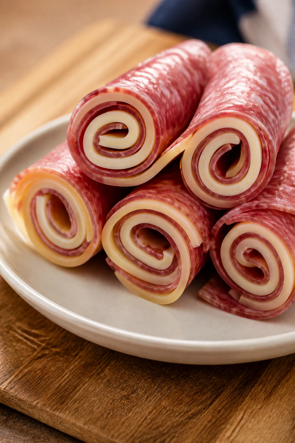 Roll-ups of salami and provolone on a plate, ready for lunch