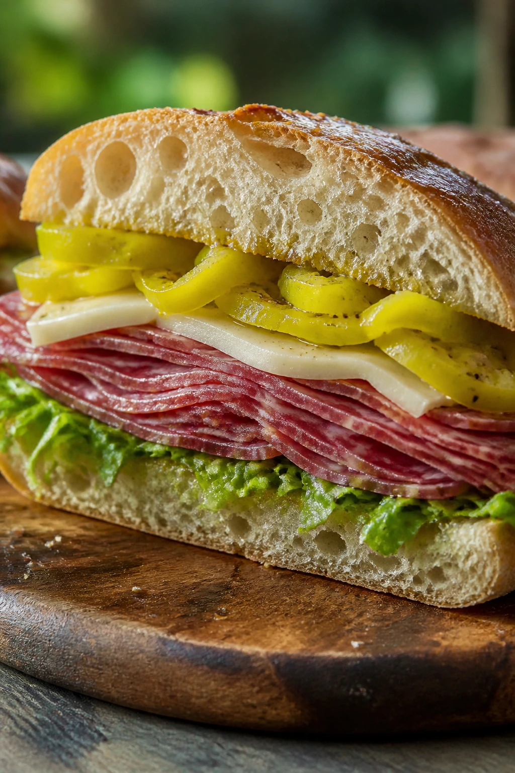 Close-up of salami provolone pepper sandwich half on a wooden board outdoors