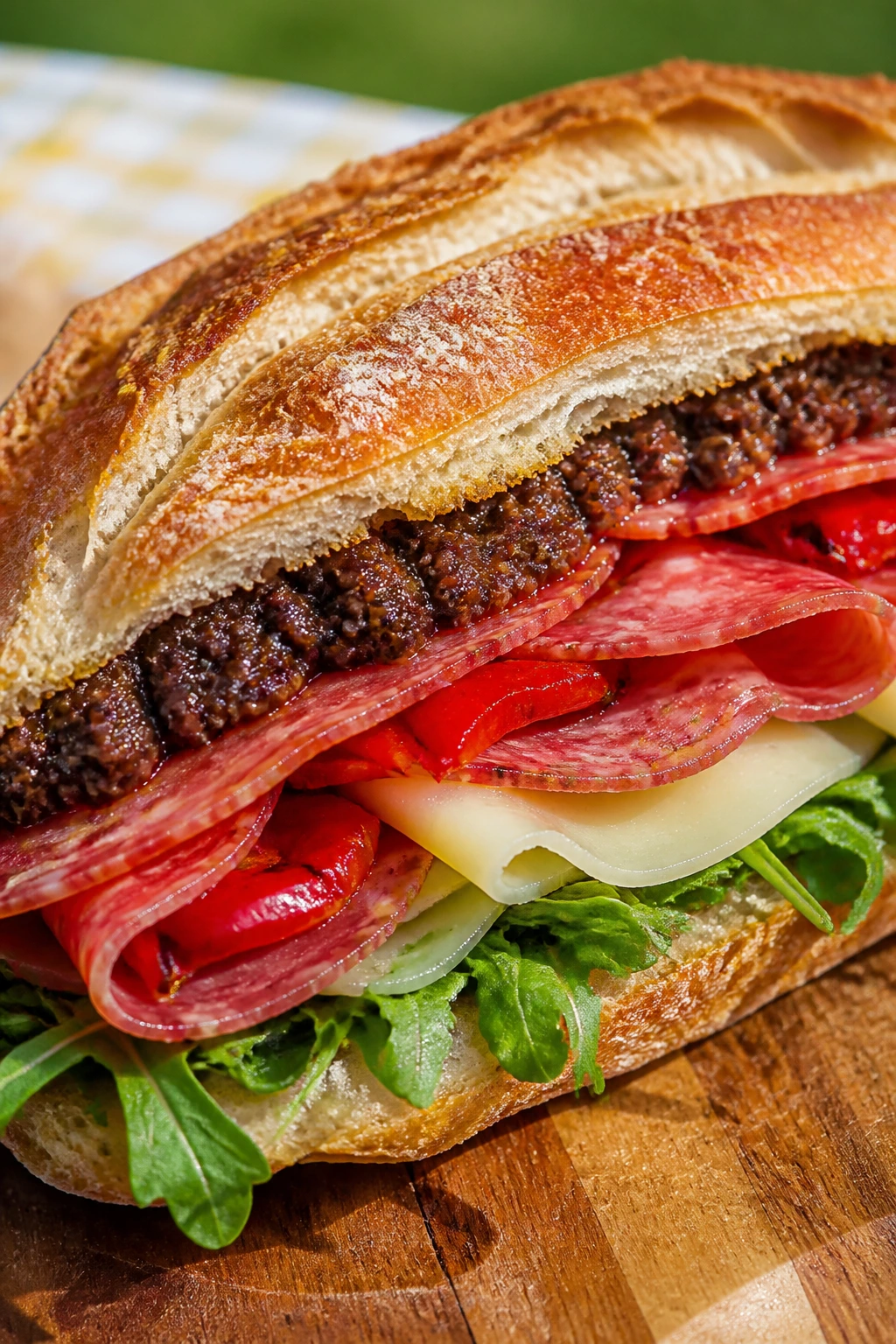 Close-up of salami olive tapenade pepper sandwich on a crusty baguette